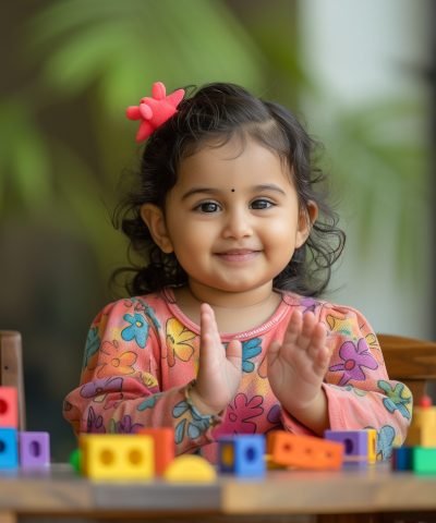 A little girl with dark hair and a pink flower in her hair claps her hands in front of colorful building blocks.